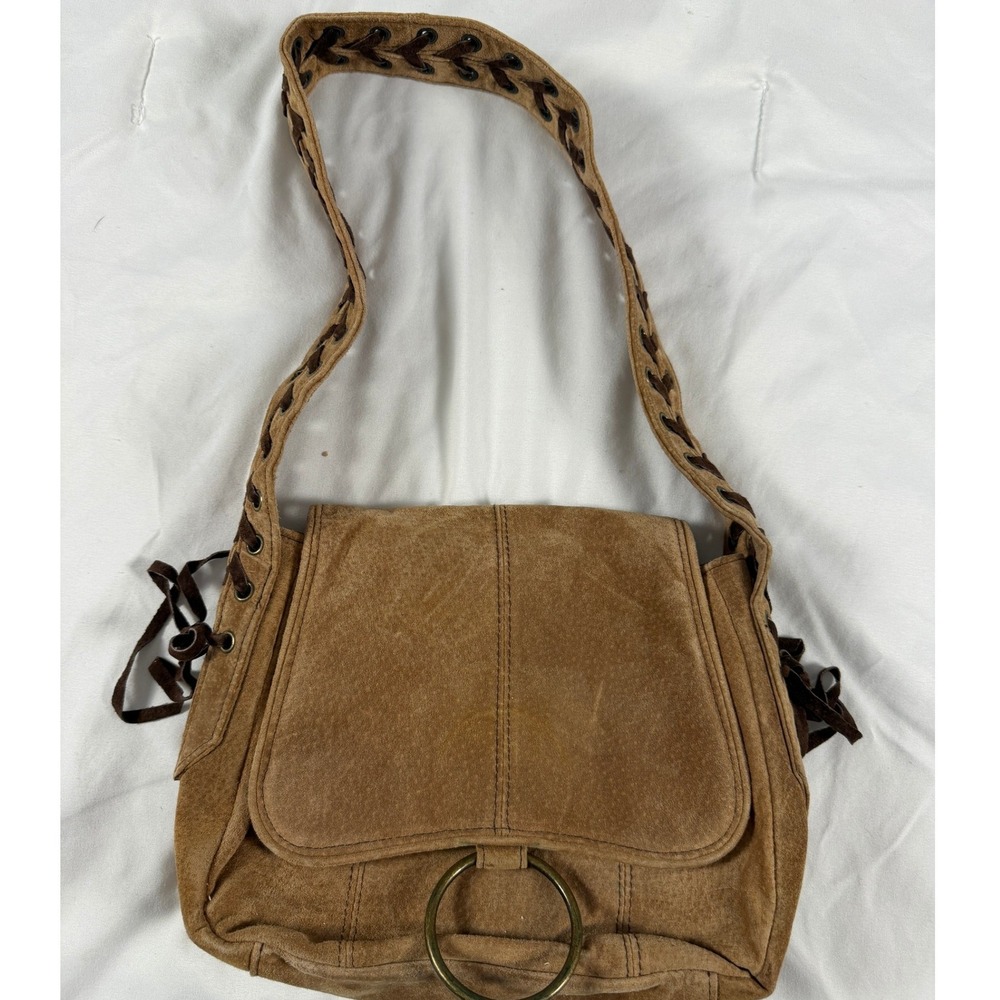 Wilsons Leather Maxima Tan Suede Lace Boho Western Cowgirl Bag Brass 70's gypsy